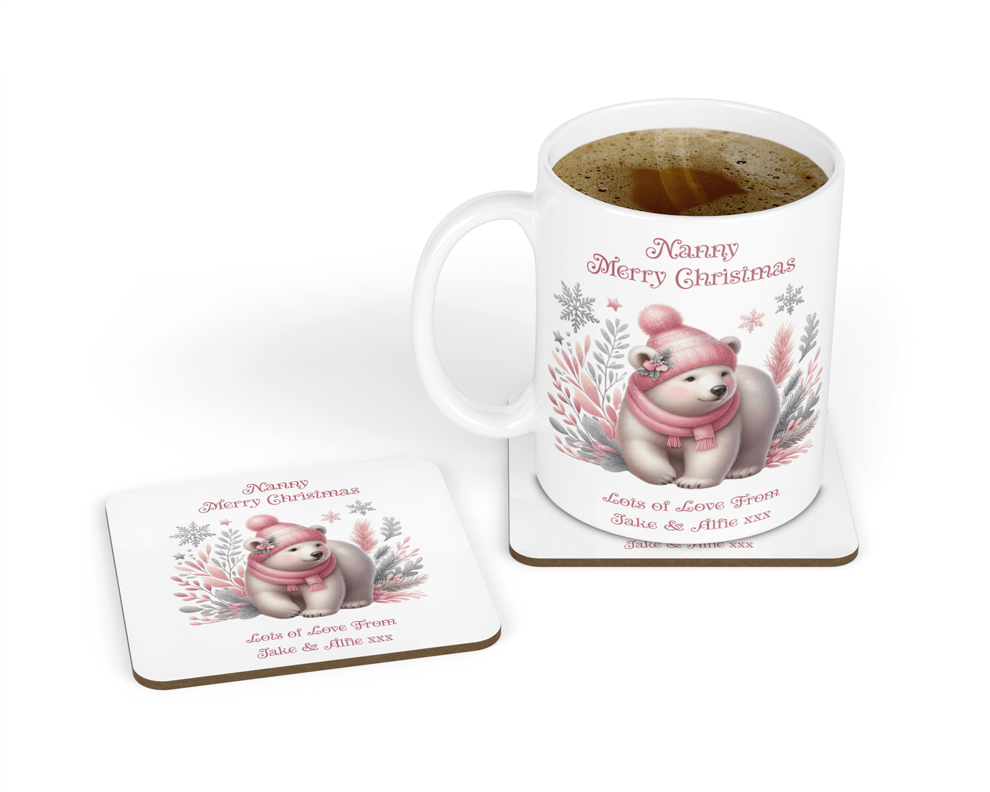 Personalised Christmas Pink Polar Bear Design Mug & Coaster Hamper Gift Box