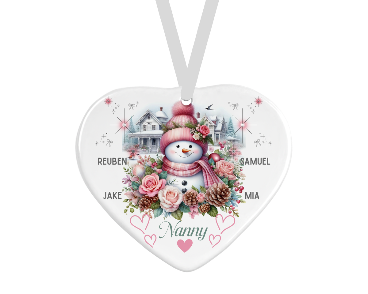 Personalised Ceramic Heart - Pink Snowman Christmas Design