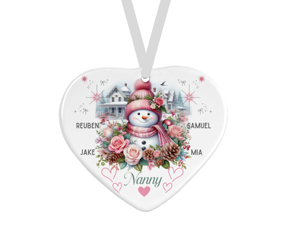 Personalised Ceramic Heart - Pink Snowman Christmas Design