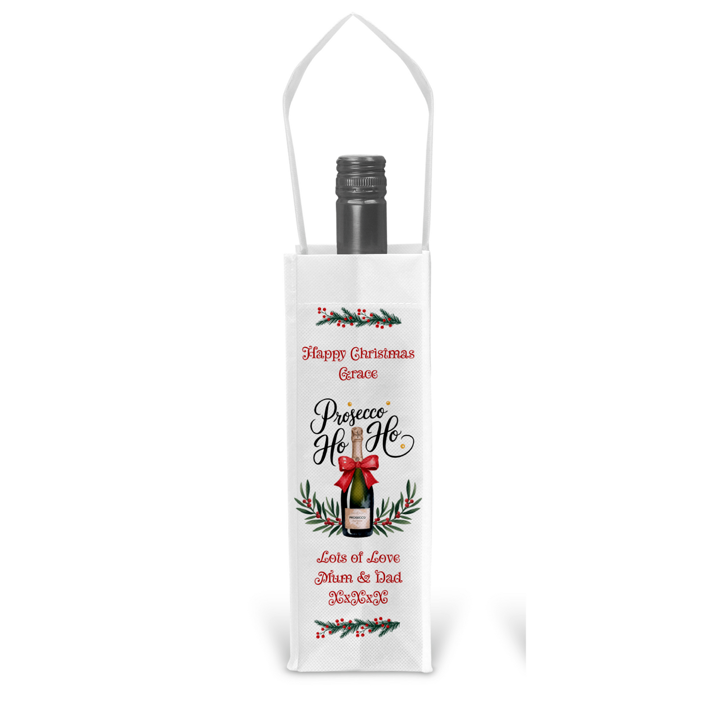 Personalised Bottle Gift Bag - Christmas Prosecco Ho Ho Design