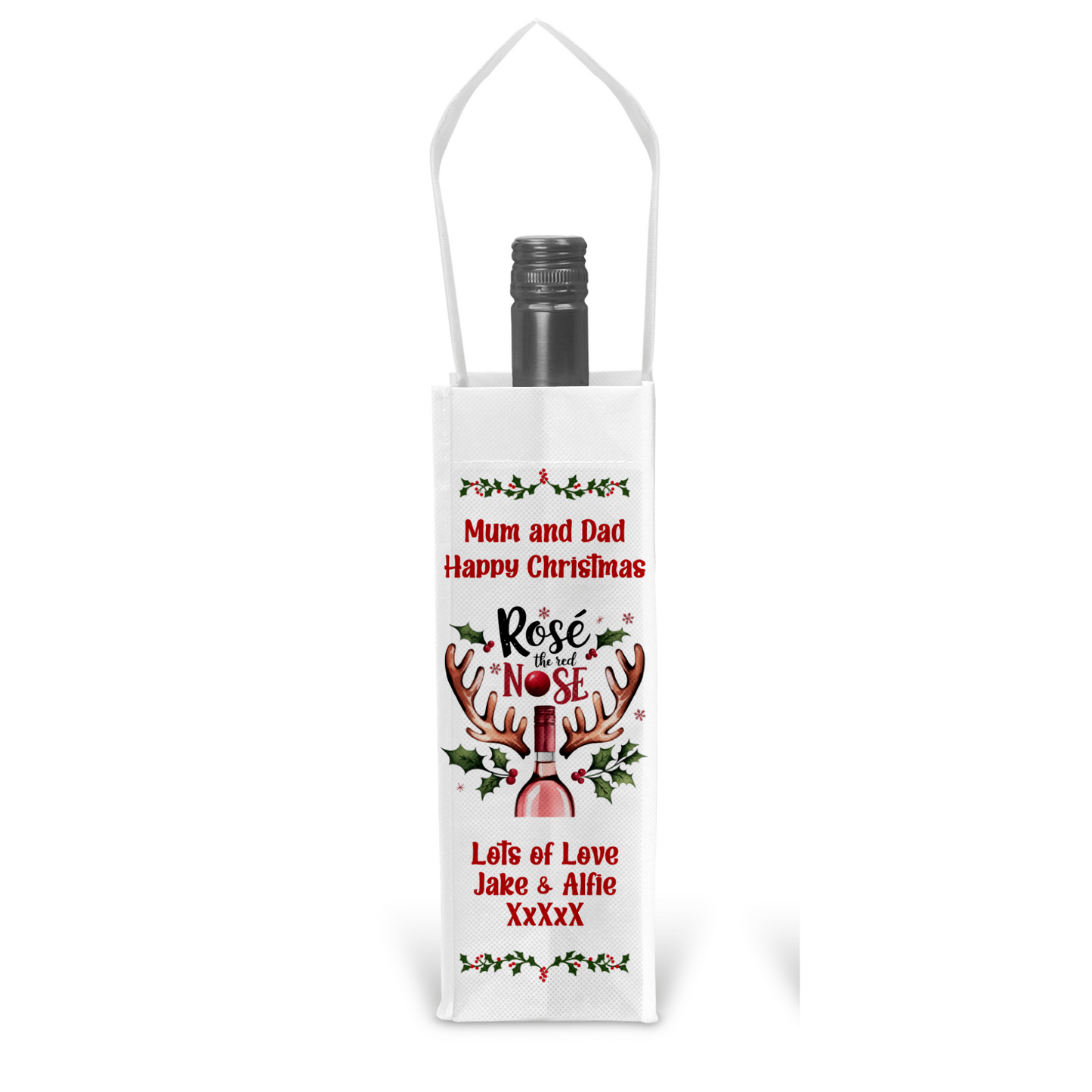 Personalised Bottle Gift Bag - Christmas Rose Wine Reindeer