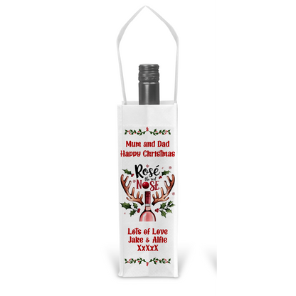 Personalised Bottle Gift Bag - Christmas Rose Wine Reindeer