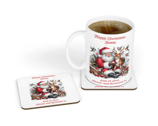 Personalised Mug & Coaster - Christmas Santa & Reindeer