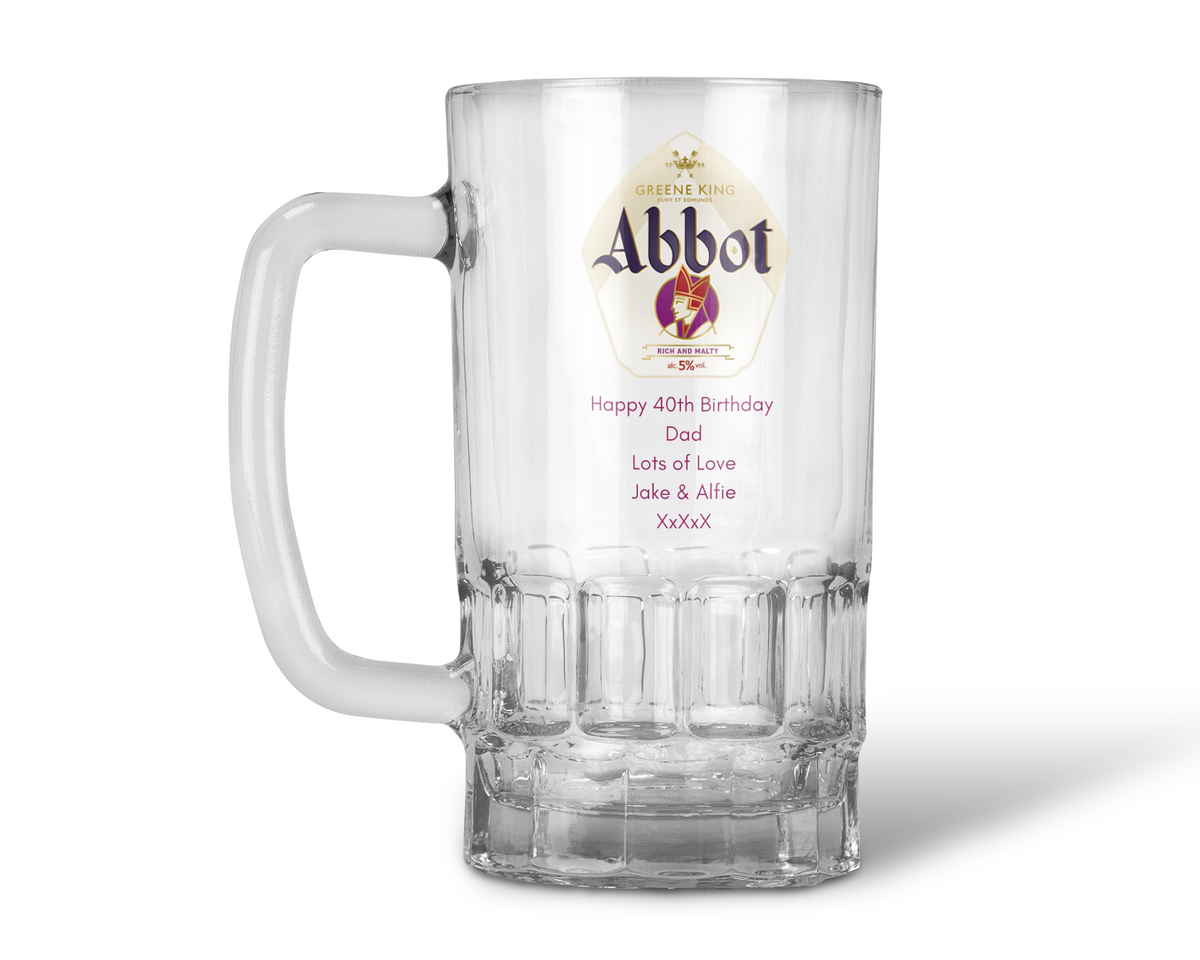 Personalised 20oz Pint Clear Glass Beer Tankard Mug - Greene King Abbot Ale Design