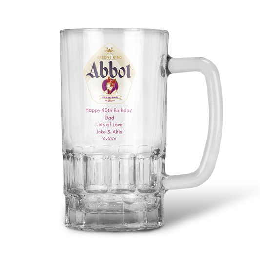 Personalised 20oz Pint Clear Glass Beer Tankard Mug - Greene King Abbot Ale Design