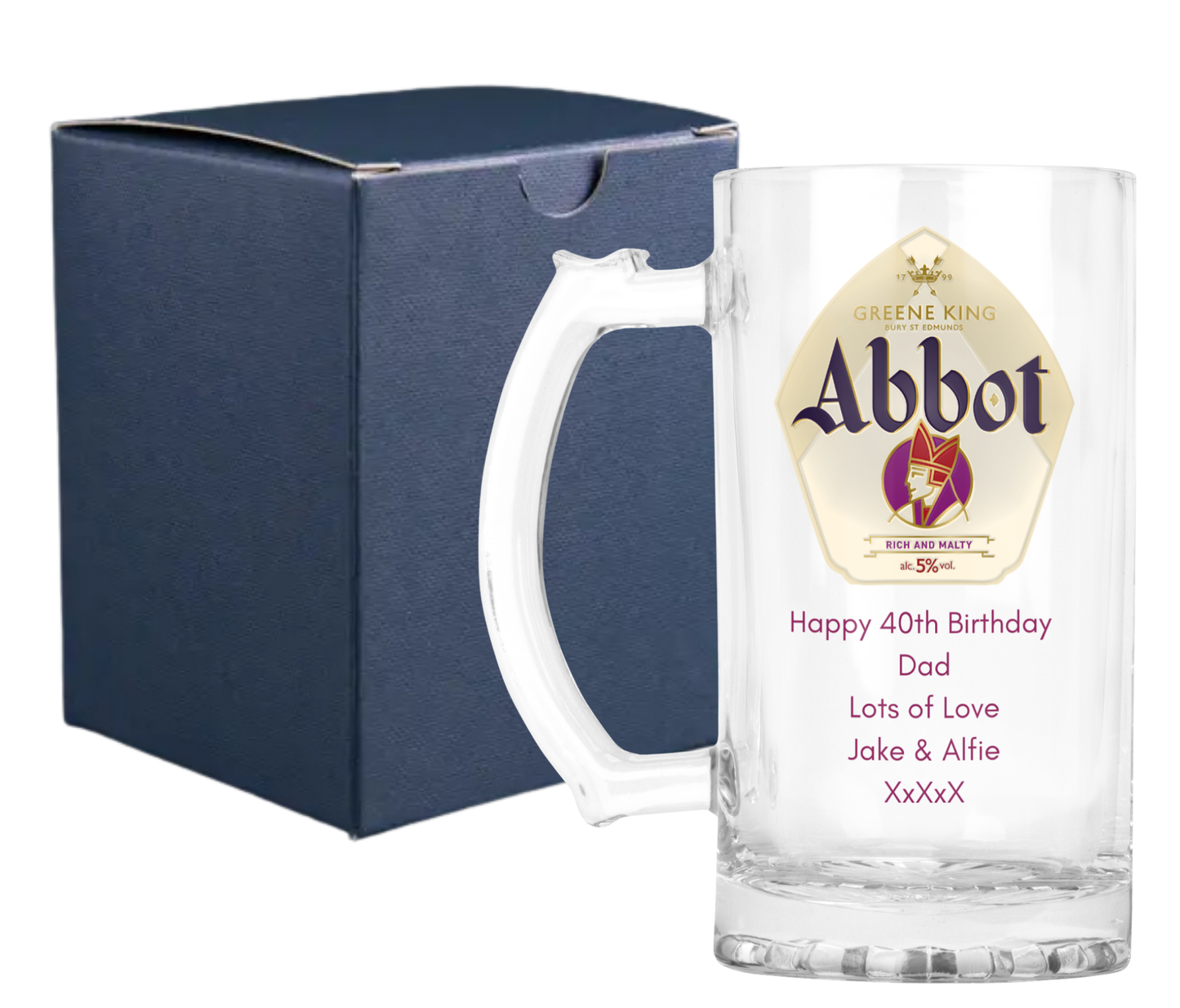 Personalised Glass Beer Tankard Mug - Greene King Abbot Ale Design