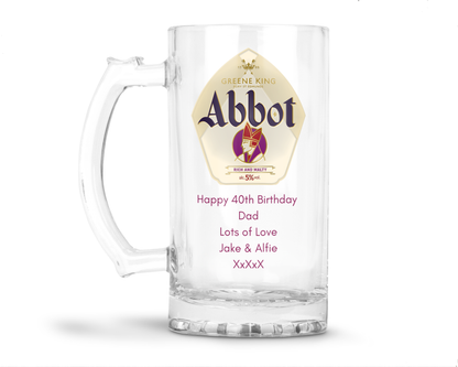 Personalised Glass Beer Tankard Mug - Greene King Abbot Ale Design