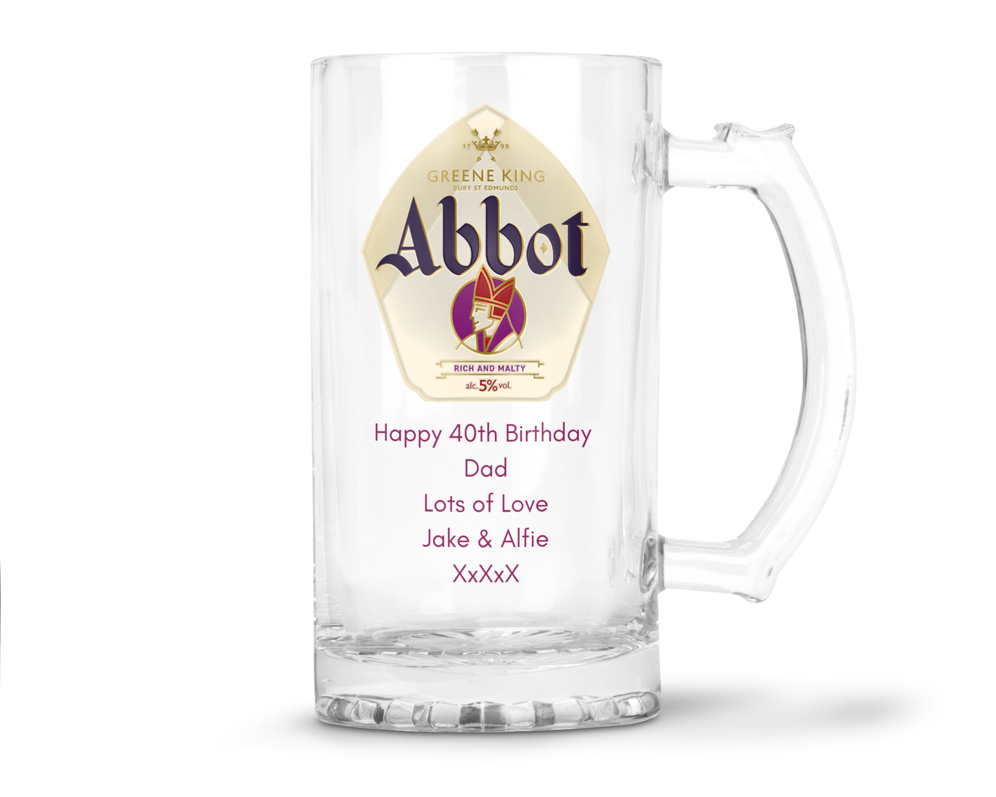 Personalised Glass Beer Tankard Mug - Greene King Abbot Ale Design