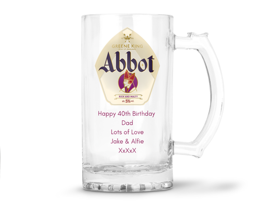 Personalised Glass Beer Tankard Mug - Greene King Abbot Ale Design