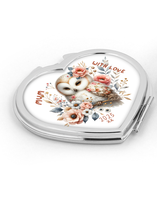 Personalised Heart Compact Mirror - Owl