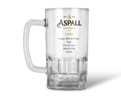 Personalised 20oz Pint Clear Glass Cider Tankard Mug - Aspall Cyder Design