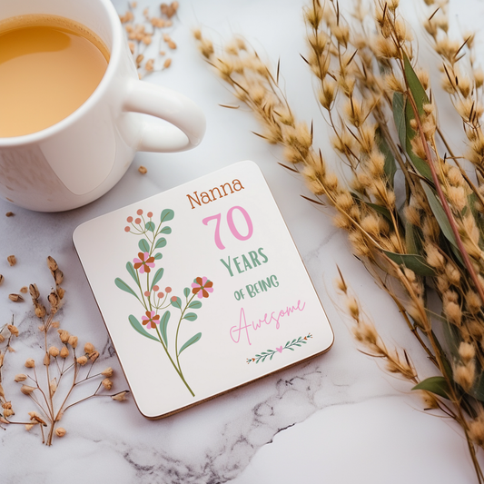 Personalised Drinks Coaster - Awesome Birthday Floral Design