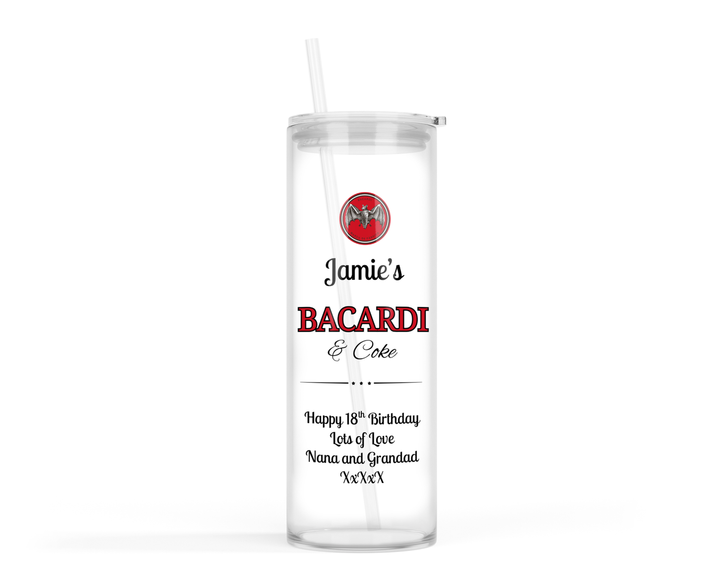 Personalised Tall Glass Tumbler - Bacardi & Coke Design