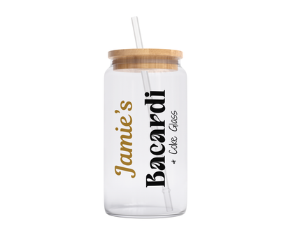 Personalised Clear Glass Tumbler with Lid & Straw - Bacardi Design