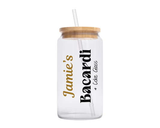 Personalised Clear Glass Tumbler with Lid & Straw - Bacardi Design
