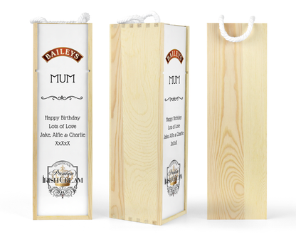 Personalised Wooden Bottle Gift Box - Baileys Irish Cream Design