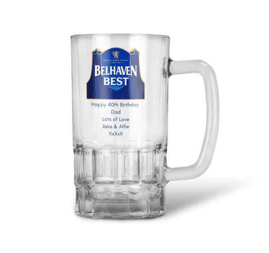 Personalised 20oz Pint Clear Glass Beer Tankard Mug - Belhaven Best Beer Design