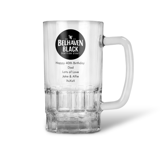 Personalised 20oz Pint Clear Glass Beer Tankard Mug - Belhaven Black Stout Design