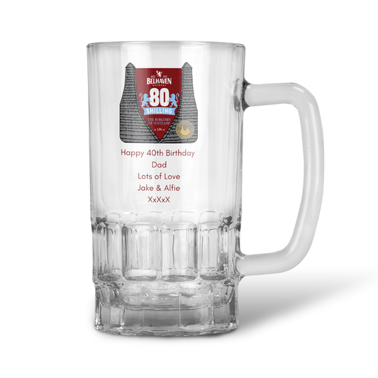 Personalised 20oz Pint Clear Glass Beer Tankard Mug - Belhaven 80 Shilling Beer Design