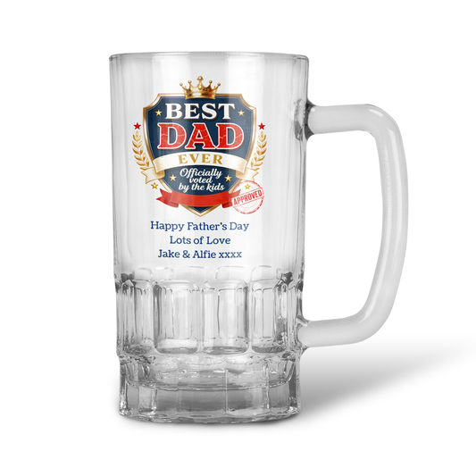 Personalised 20oz Pint Clear Glass Beer Tankard Mug - Best Dad Shield Design