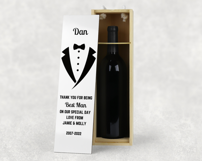 Personalised Wooden Wine Bottle Gift Box - Best Man Wedding Design