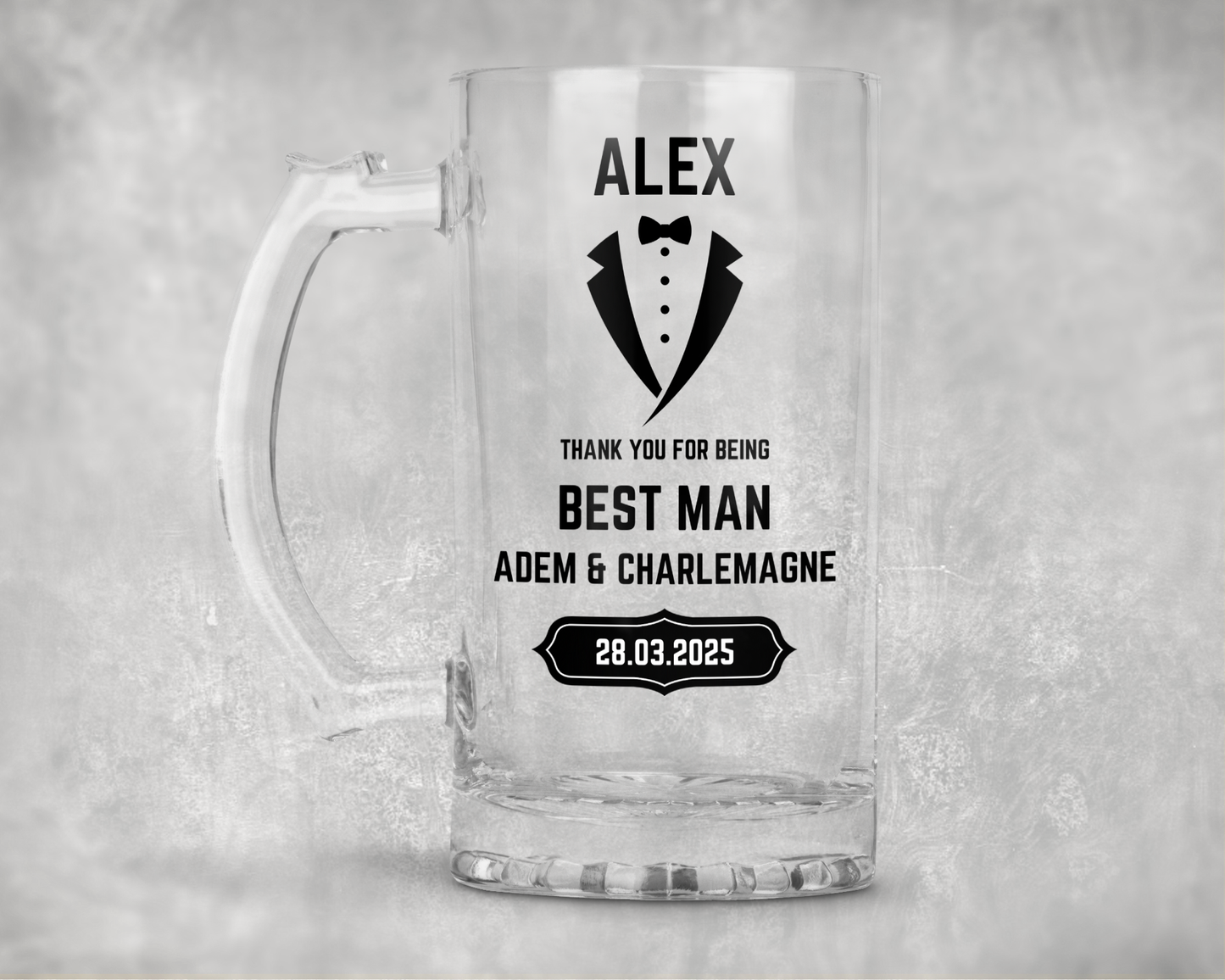 Personalised Clear Glass Beer Tankard Mug - Best Man Wedding Design