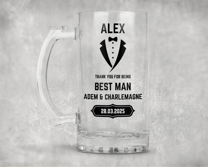 Personalised Clear Glass Beer Tankard Mug - Best Man Wedding Design
