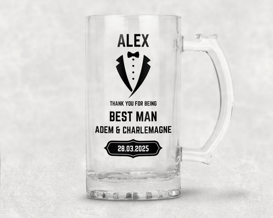 Personalised Clear Glass Beer Tankard Mug - Best Man Wedding Design