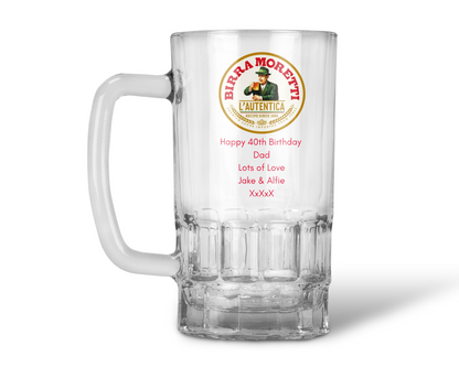 Personalised 20oz Pint Clear Glass Beer Tankard Mug - Birra Moretti Design