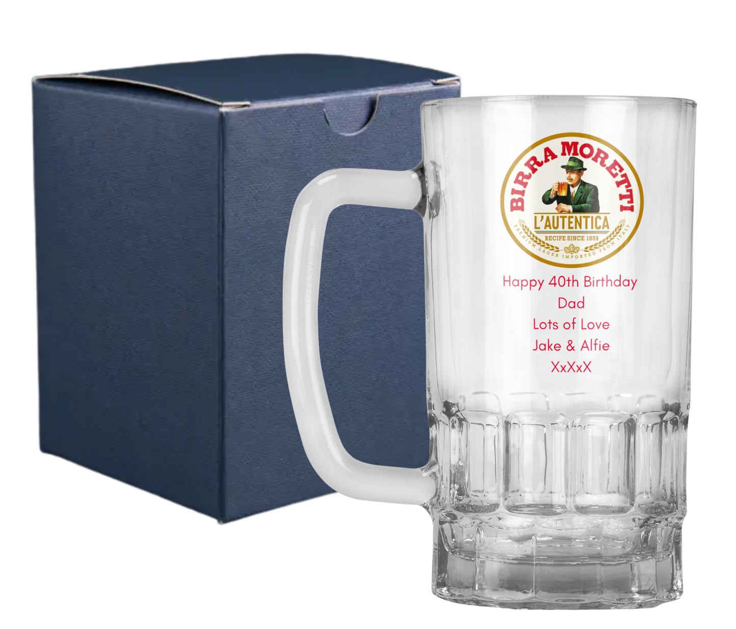 Personalised 20oz Pint Clear Glass Beer Tankard Mug - Birra Moretti Design
