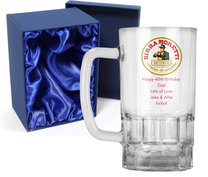 Personalised 20oz Pint Clear Glass Beer Tankard Mug - Birra Moretti Design