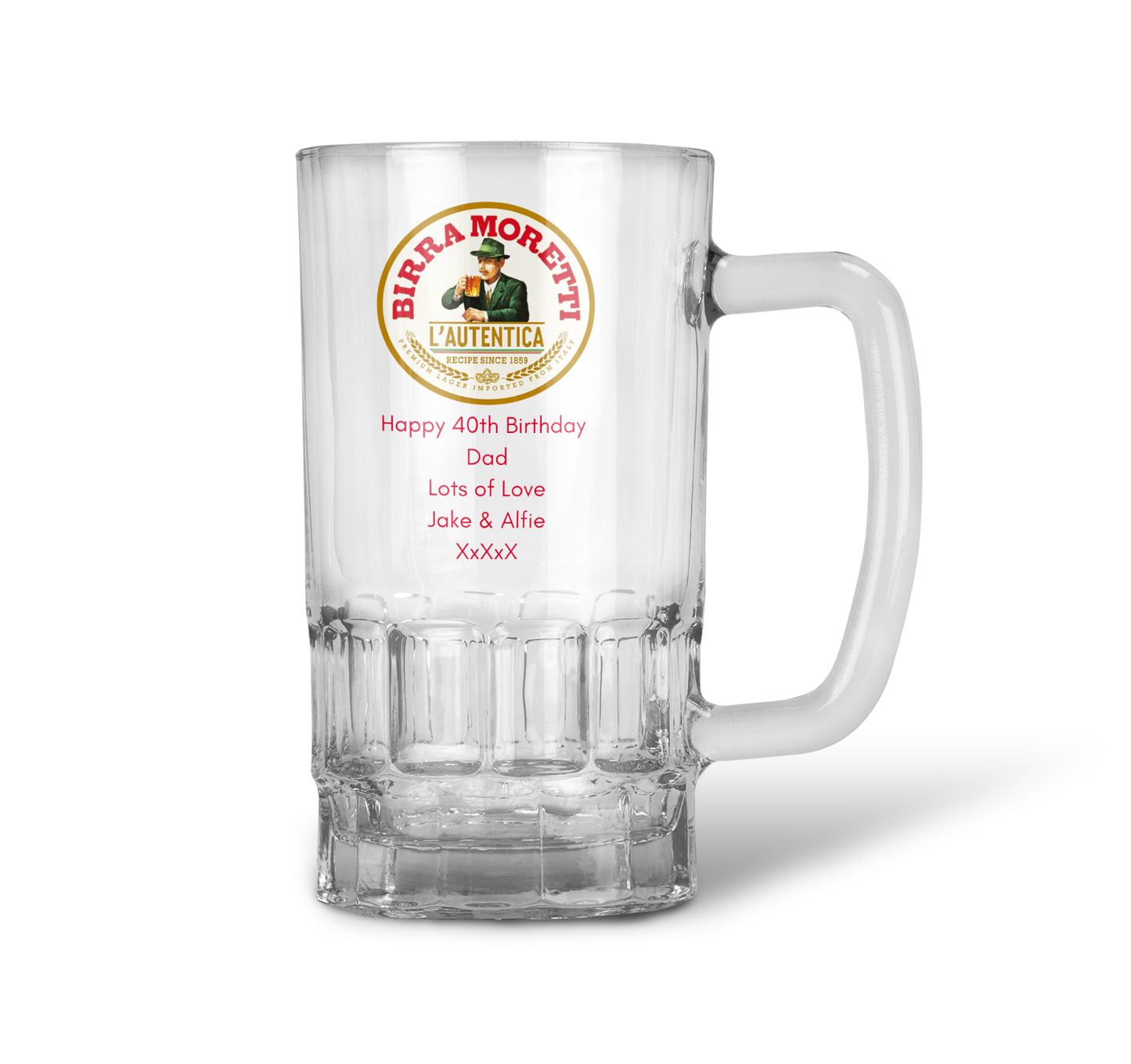 Personalised 20oz Pint Clear Glass Beer Tankard Mug - Birra Moretti Design