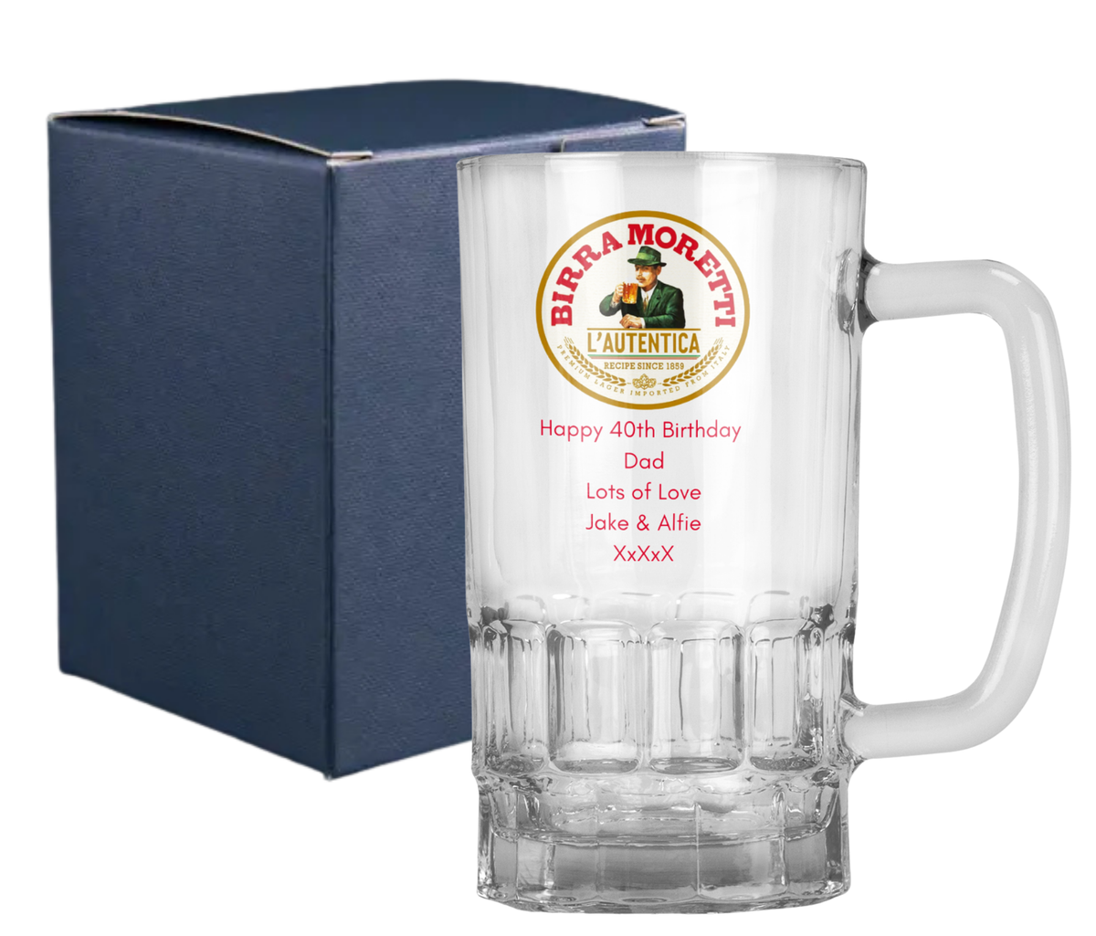 Personalised 20oz Pint Clear Glass Beer Tankard Mug - Birra Moretti Design