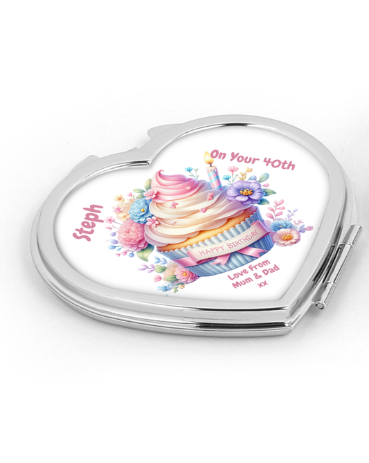 Personalised Heart Compact Mirror - Birthday Cupcake