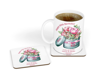 Personalised Mug & Coaster - Birthday Peonies Design