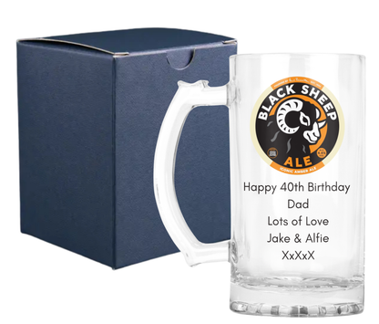 Personalised Glass Beer Tankard Mug - Black Sheep Amber Ale Design