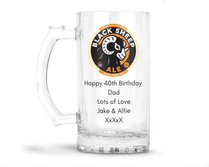 Personalised Glass Beer Tankard Mug - Black Sheep Amber Ale Design