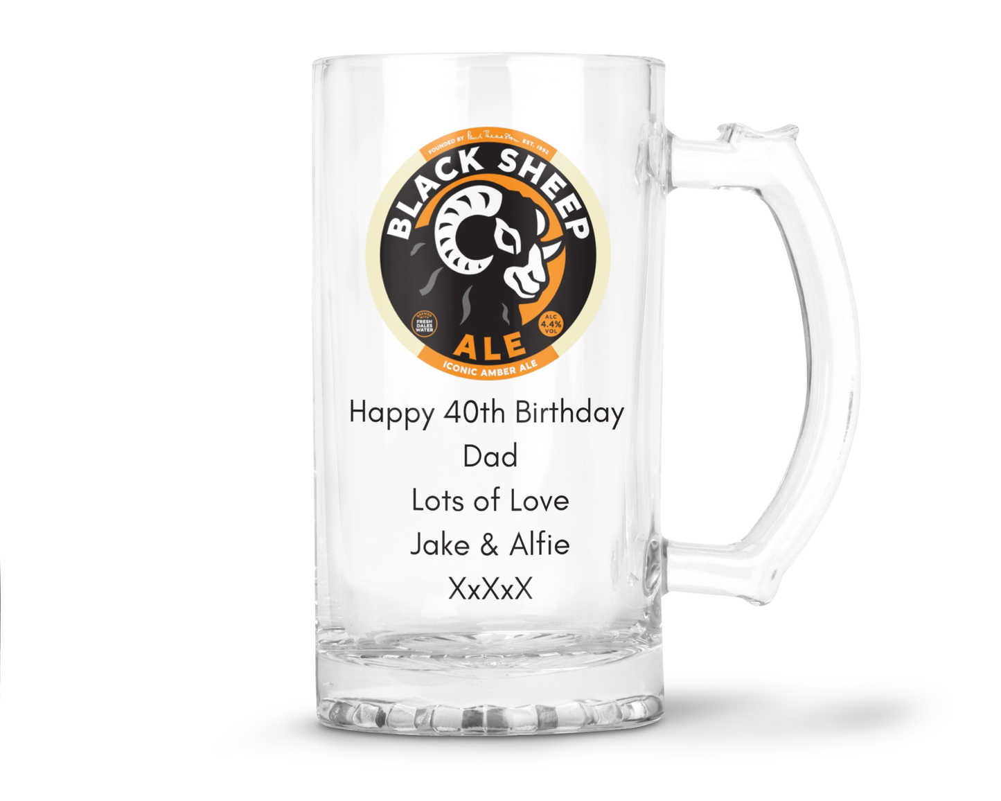 Personalised Glass Beer Tankard Mug - Black Sheep Amber Ale Design