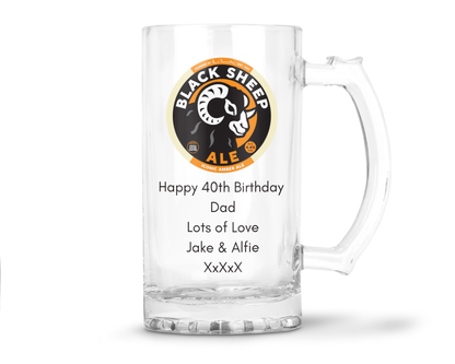 Personalised Glass Beer Tankard Mug - Black Sheep Amber Ale Design