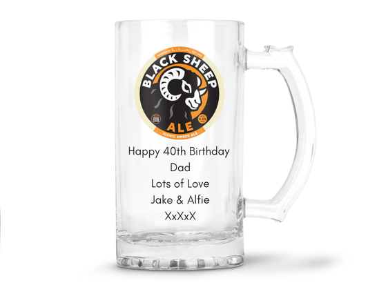 Personalised Glass Beer Tankard Mug - Black Sheep Amber Ale Design
