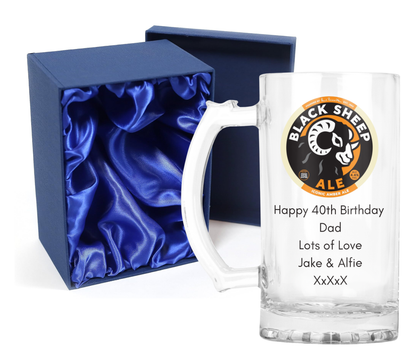 Personalised Glass Beer Tankard Mug - Black Sheep Amber Ale Design