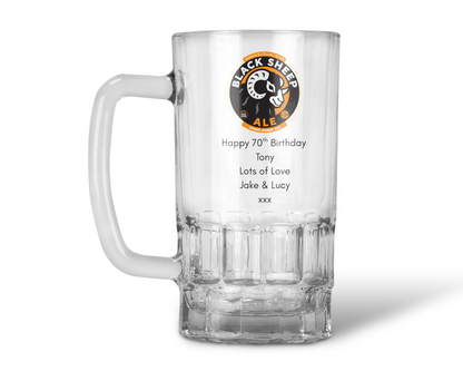 Personalised 20oz Pint Clear Glass Beer Tankard Mug - Black Sheep Amber Ale Design