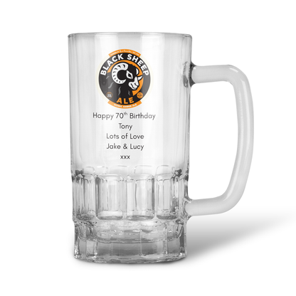 Personalised 20oz Pint Clear Glass Beer Tankard Mug - Black Sheep Amber Ale Design