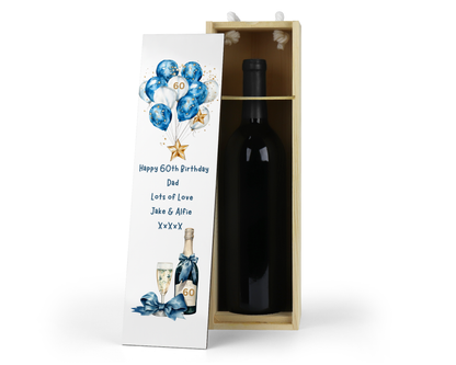 Personalised Wooden Wine Bottle Gift Box - Blue Balloons Birthday Design