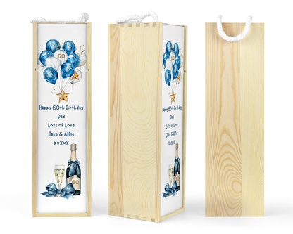 Personalised Wooden Wine Bottle Gift Box - Blue Balloons Birthday Design