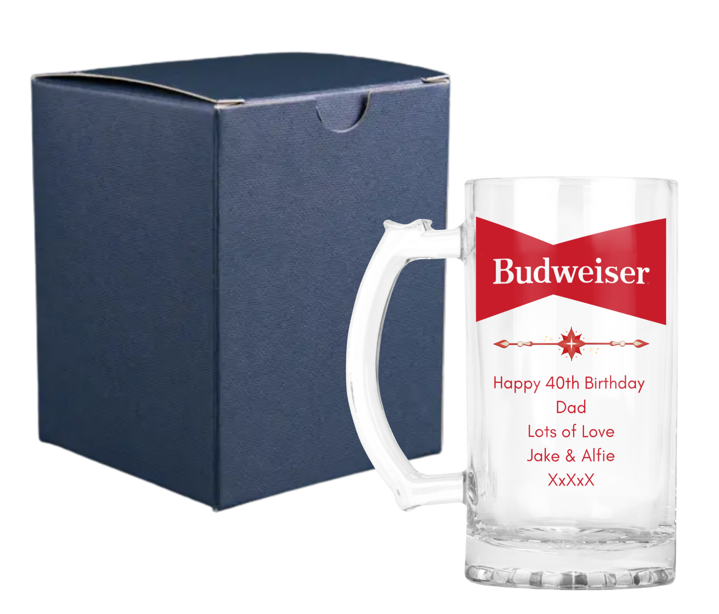 Personalised Glass Beer Tankard Mug - Budweiser Design