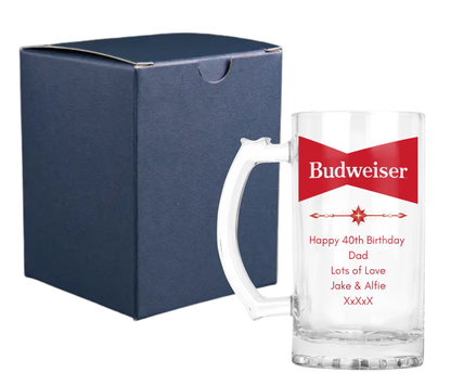 Personalised Glass Beer Tankard Mug - Budweiser Design