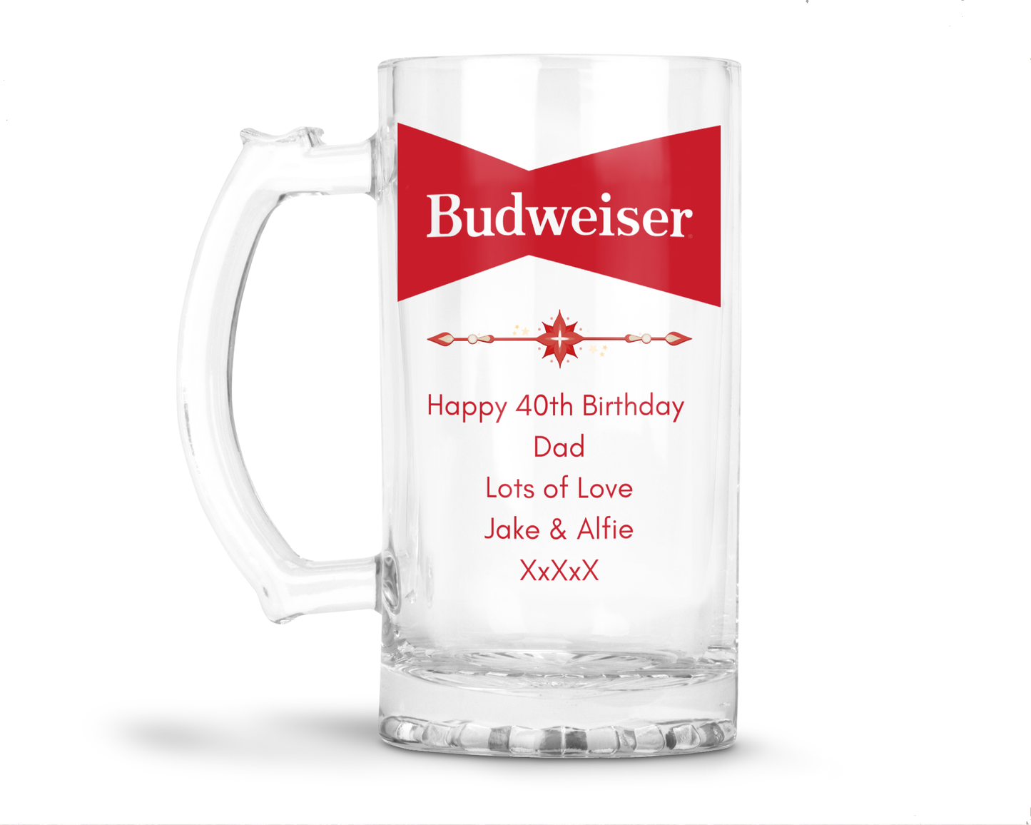 Personalised Glass Beer Tankard Mug - Budweiser Design