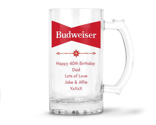 Personalised Glass Beer Tankard Mug - Budweiser Design