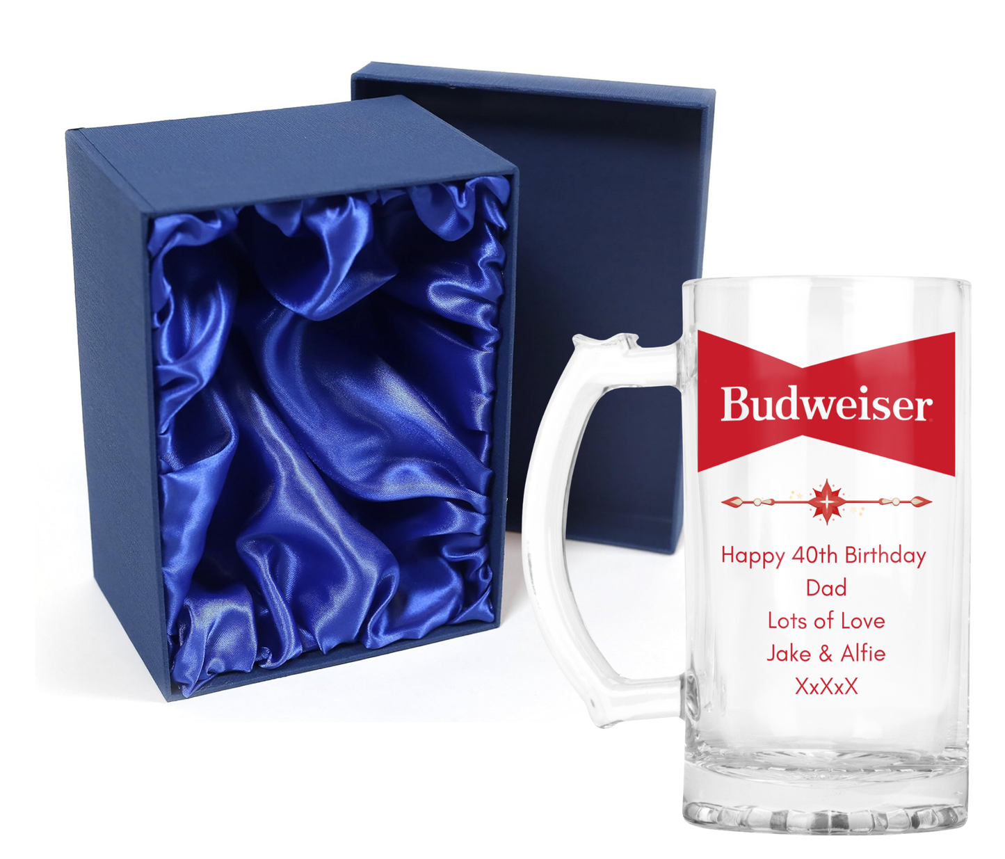 Personalised Glass Beer Tankard Mug - Budweiser Design